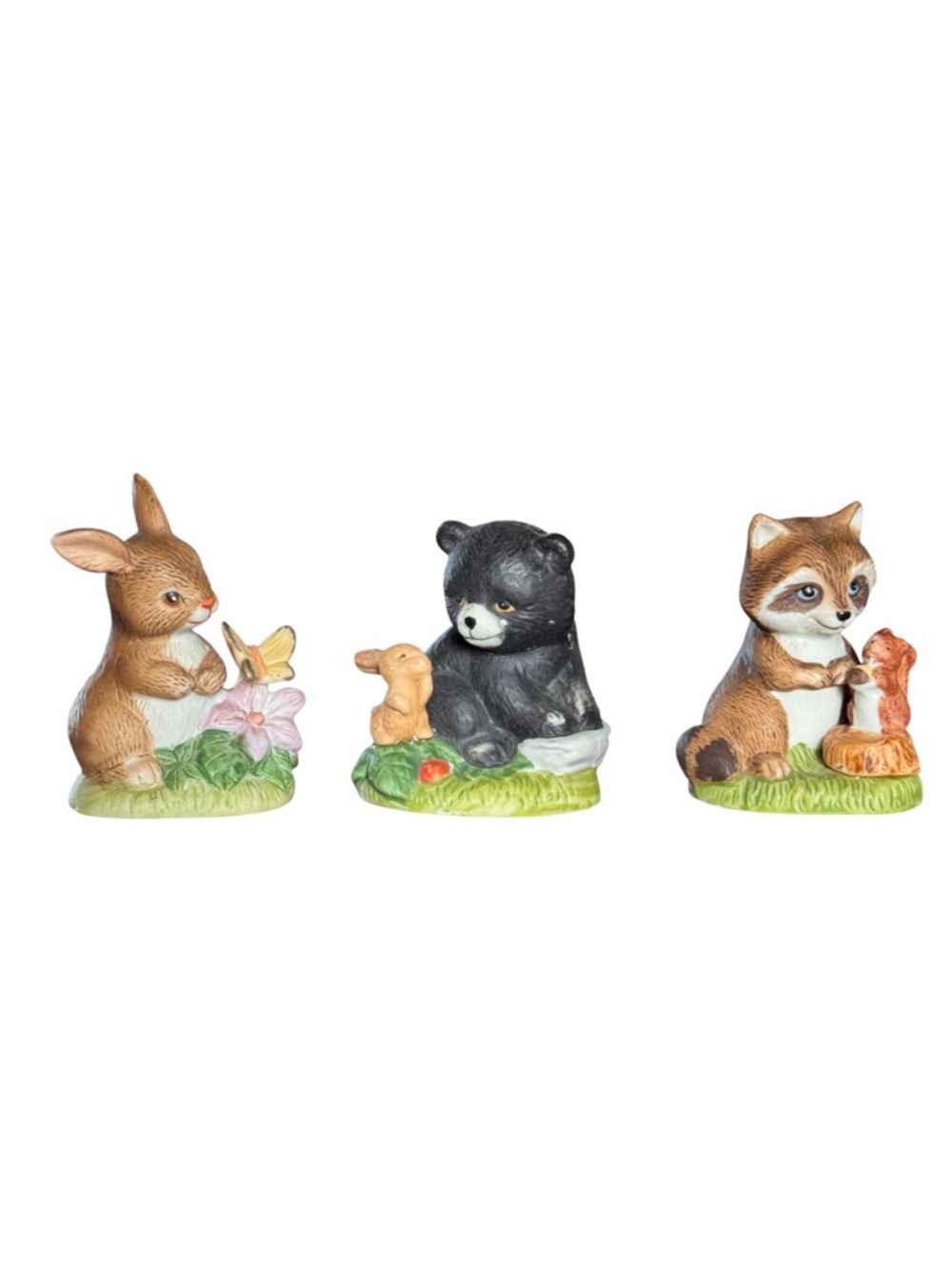 3 Homco Home Interiors Woodland Friends Figurines 1418 Bunny Rabbit Bear Racoon